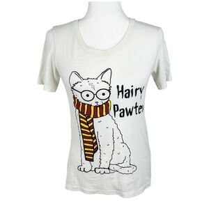 Hairy Pawter Shirt Women XS Beige Short Sleeve Cat Harry Potter Fuego Tee